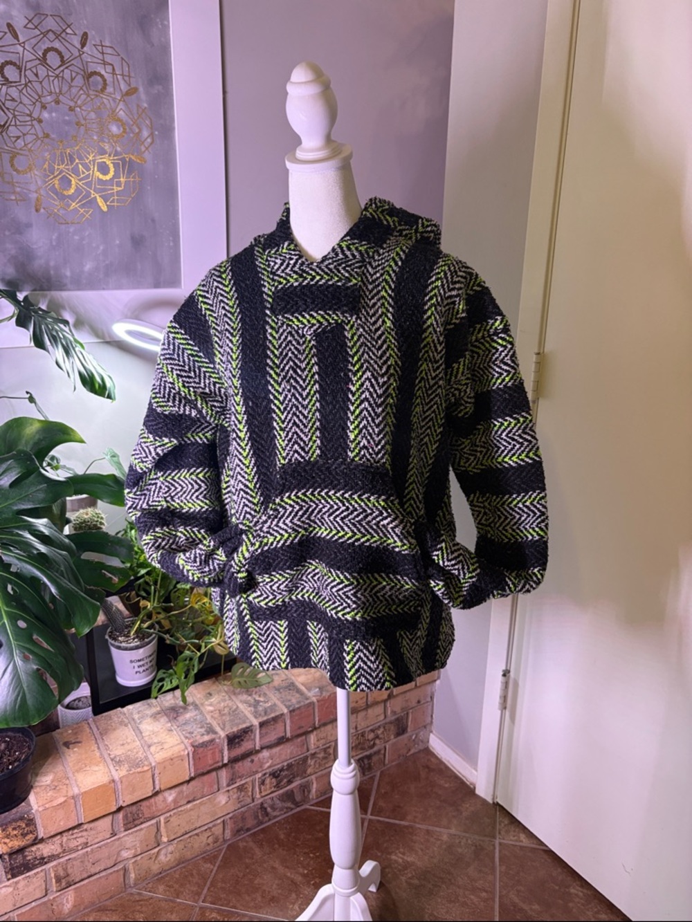 Herringbone Knit Hoodie in Black and Neon Green